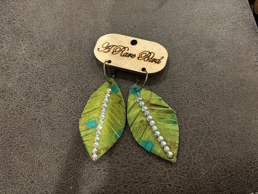 A Rare Bird Hand Cut Leather Feather Earrings with Rhinestones