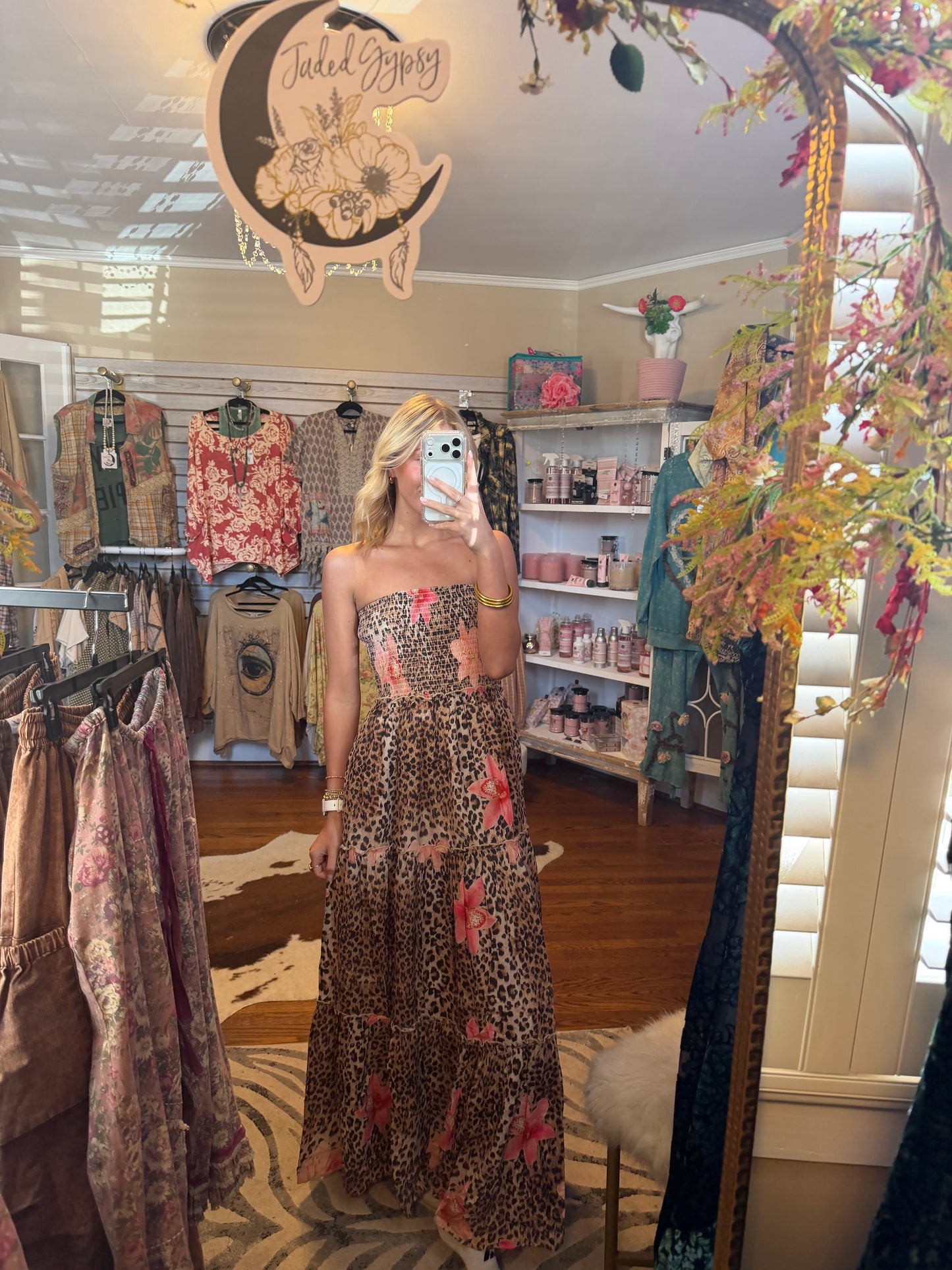 Davi & Dani leopard floral strapless dress