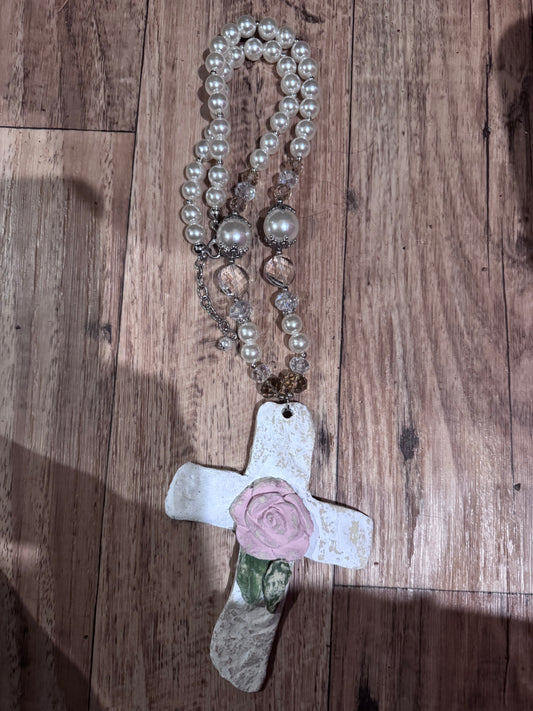 ARB’s Pearl and Clear Beaded Necklace with Clay Cross & Rose