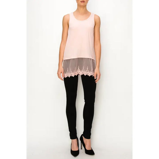 Soft relaxed tank with delicate floral laced hem
