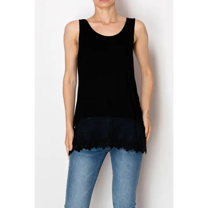 Soft relaxed tank with delicate floral laced hem,