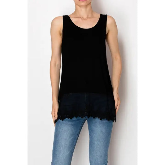 Soft relaxed tank with delicate floral laced hem,