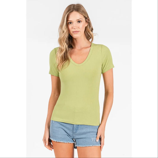 Ribbed V-neck, short sleeve basic classic tee - MITTOSHOP