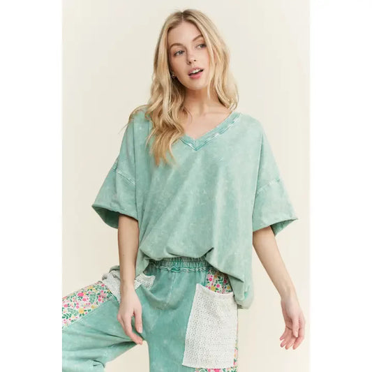 J.her mineral wash teal vneck tshirt