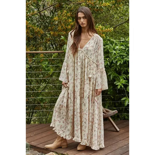 Woven polyester floral front flare tiered maxi dress
