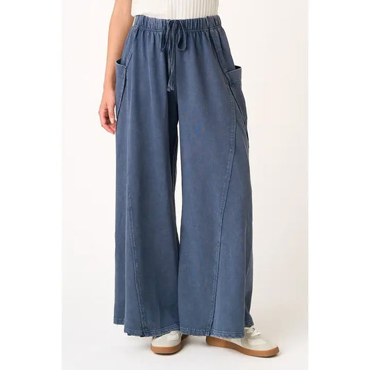 Mineral wash dropped sized pocket wide leg pants - blueberry