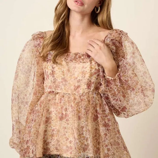Flower print ruffle detail babydoll blouse