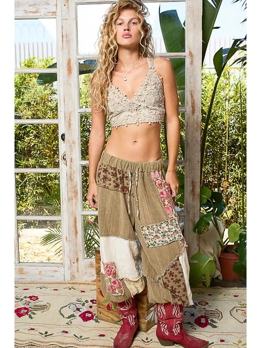 Pol double gauze patchwork contrast patch woven pants