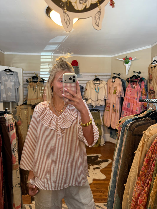 Stripped linen ruffle neck blouse