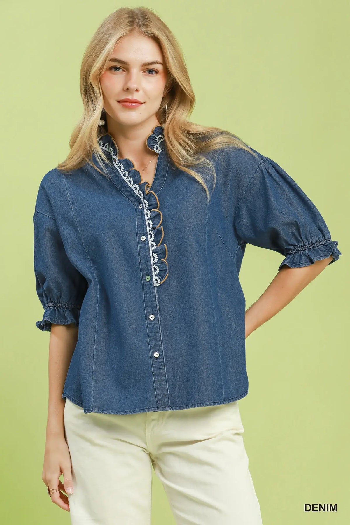 Chambray Scalloped Trim Button Front Blouse