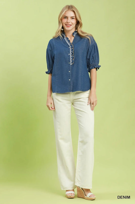 Chambray Scalloped Trim Button Front Blouse