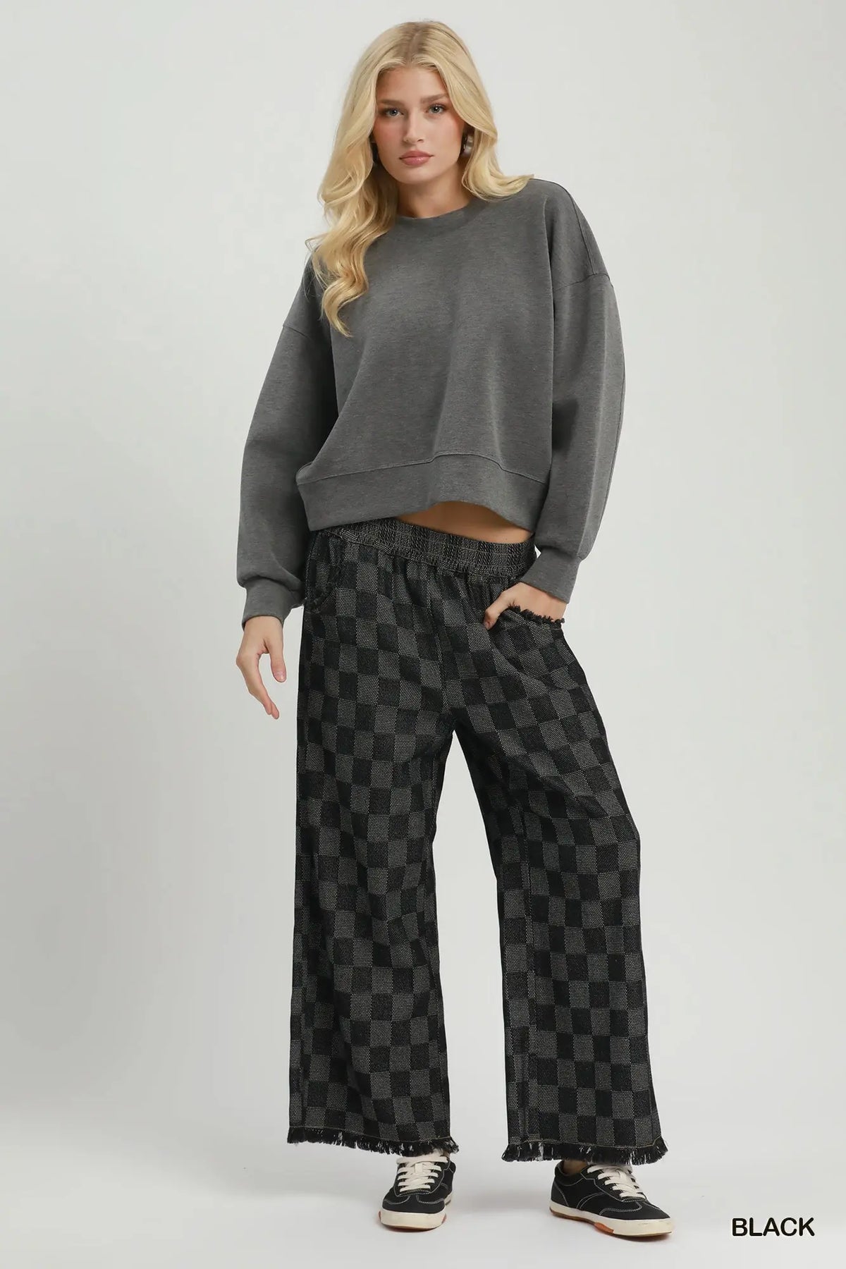 Checkered Wide Leg Frayed Hem Pants