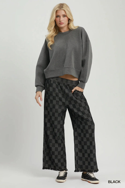 Checkered Wide Leg Frayed Hem Pants