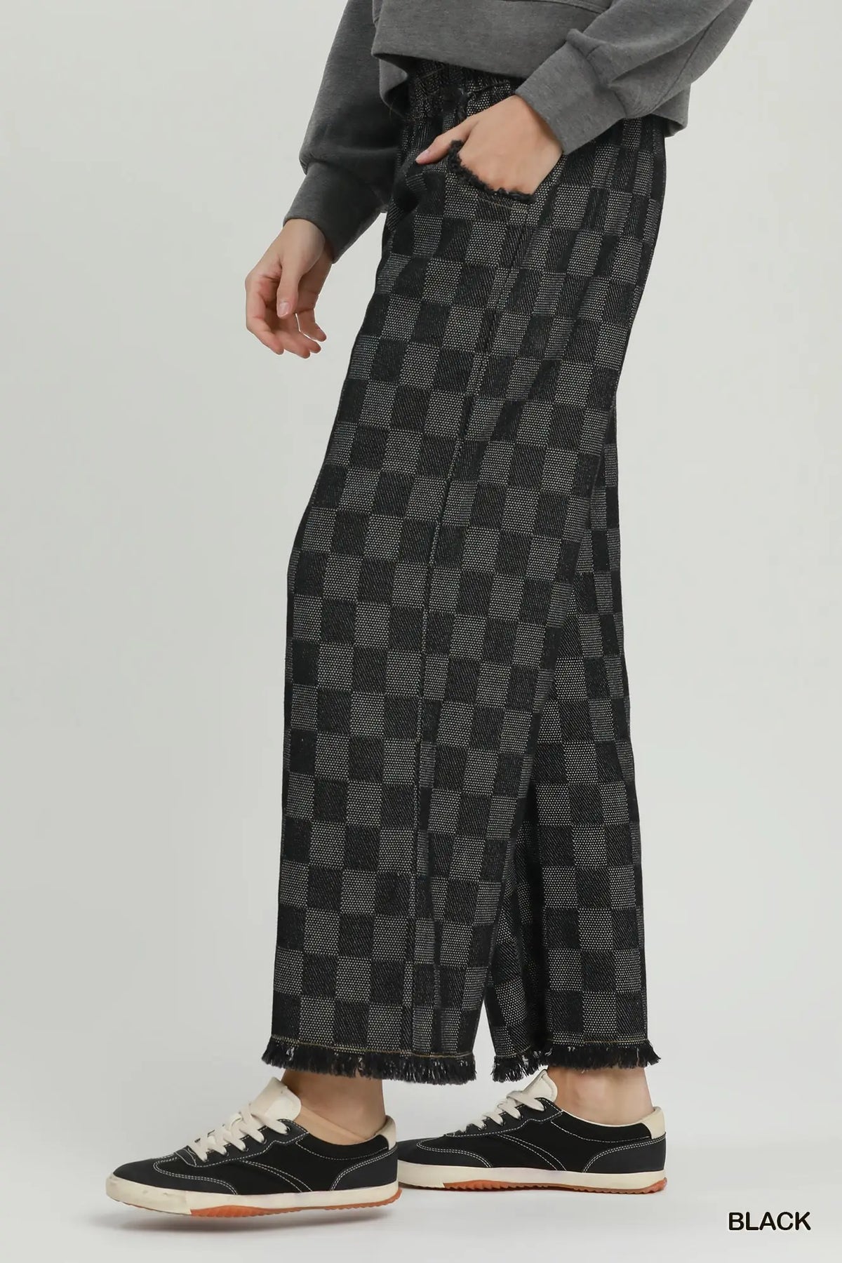 Checkered Wide Leg Frayed Hem Pants