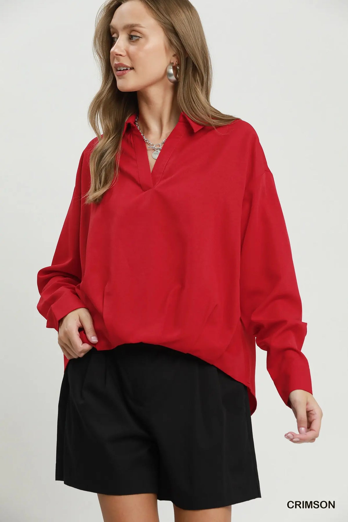 Relaxed Collared Split Neck Blouse