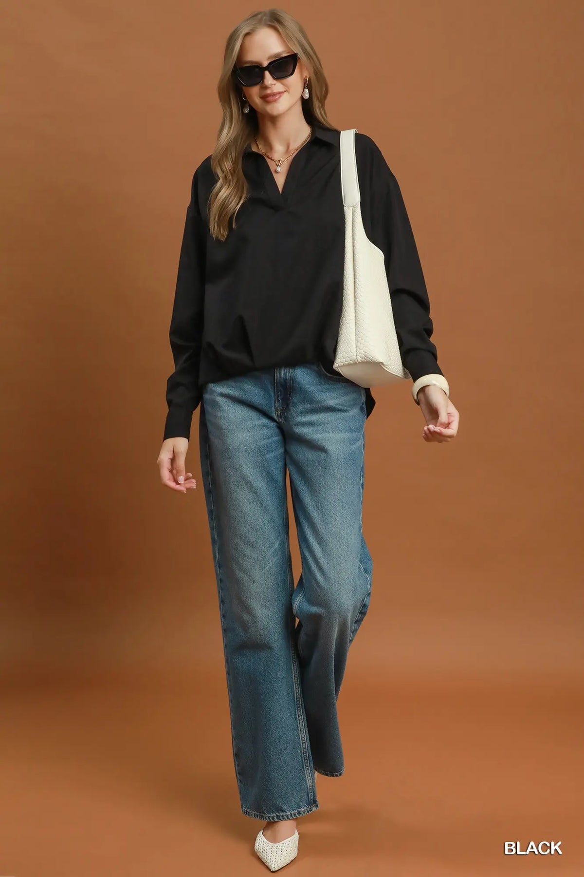 Relaxed Collared Split Neck Blouse
