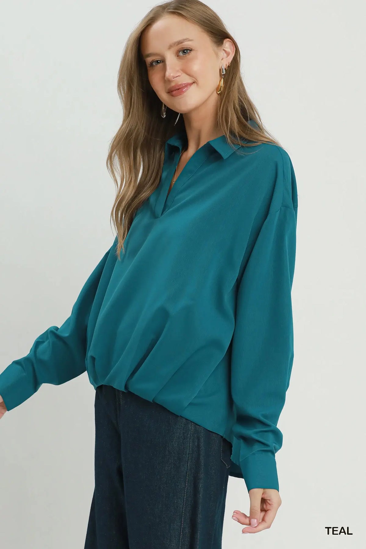 Relaxed Collared Split Neck Blouse