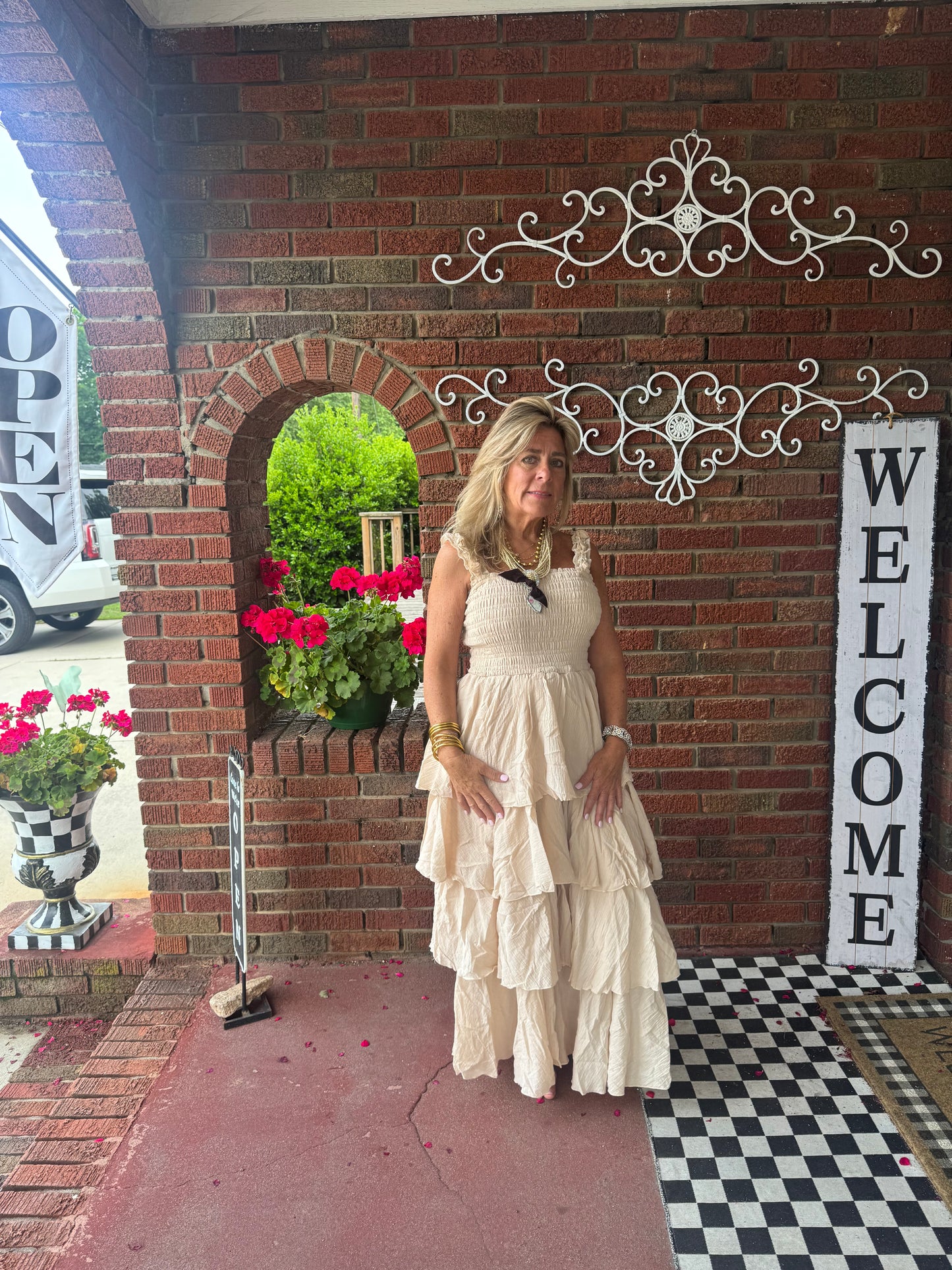 Floral straps tiered cotton dress