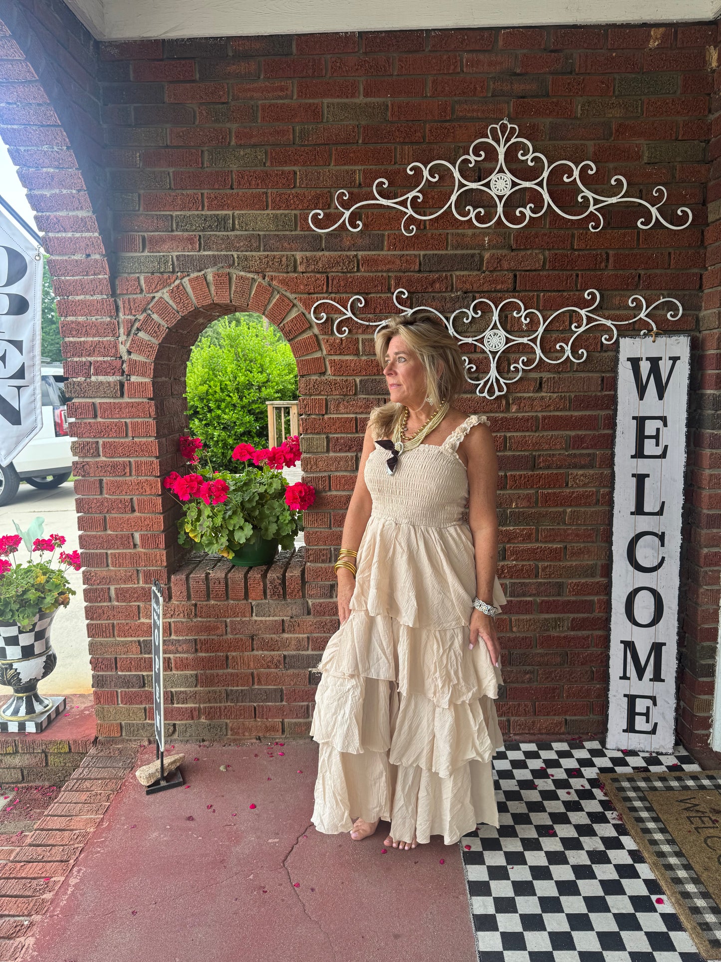 Floral straps tiered cotton dress