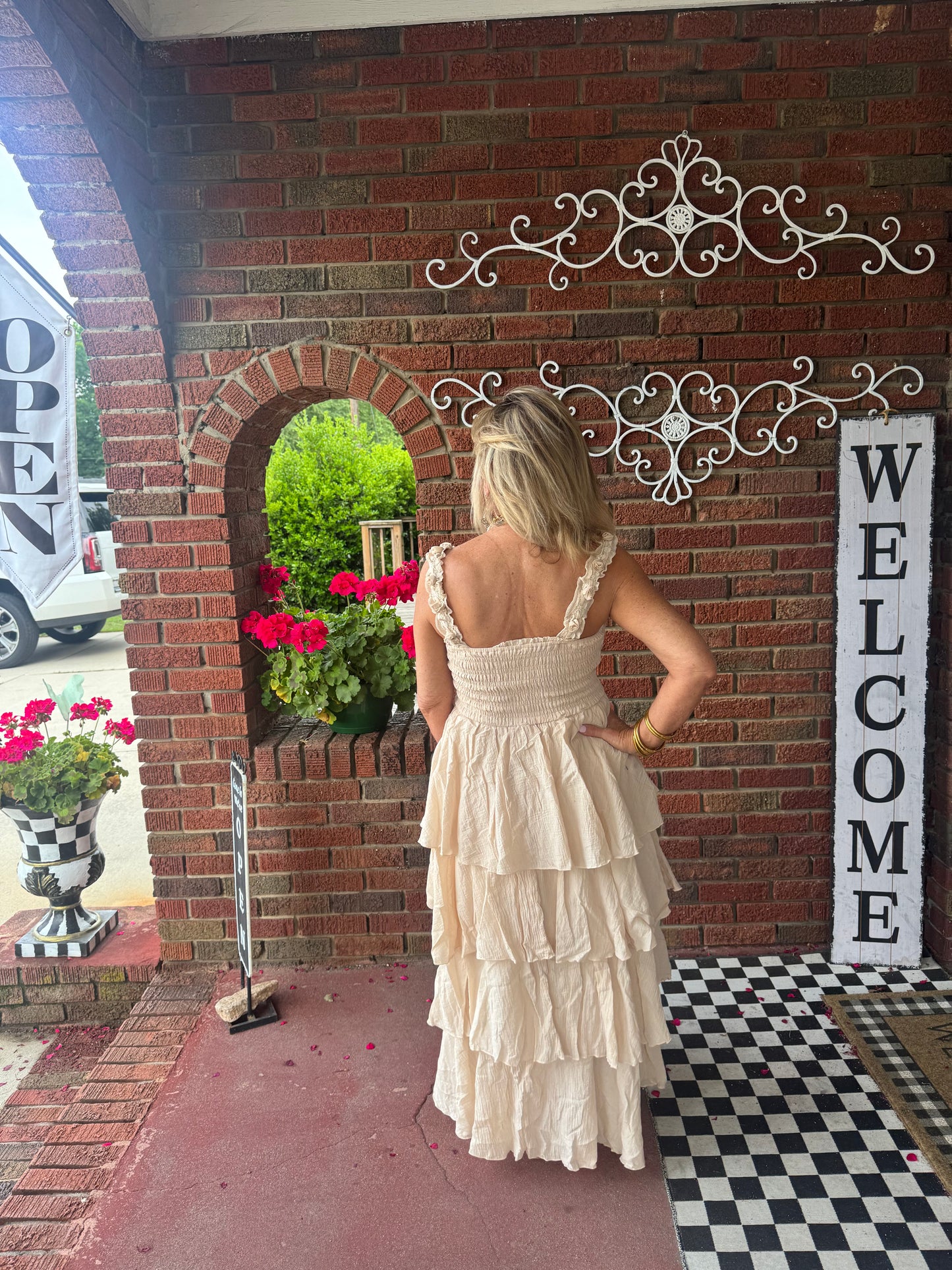Floral straps tiered cotton dress