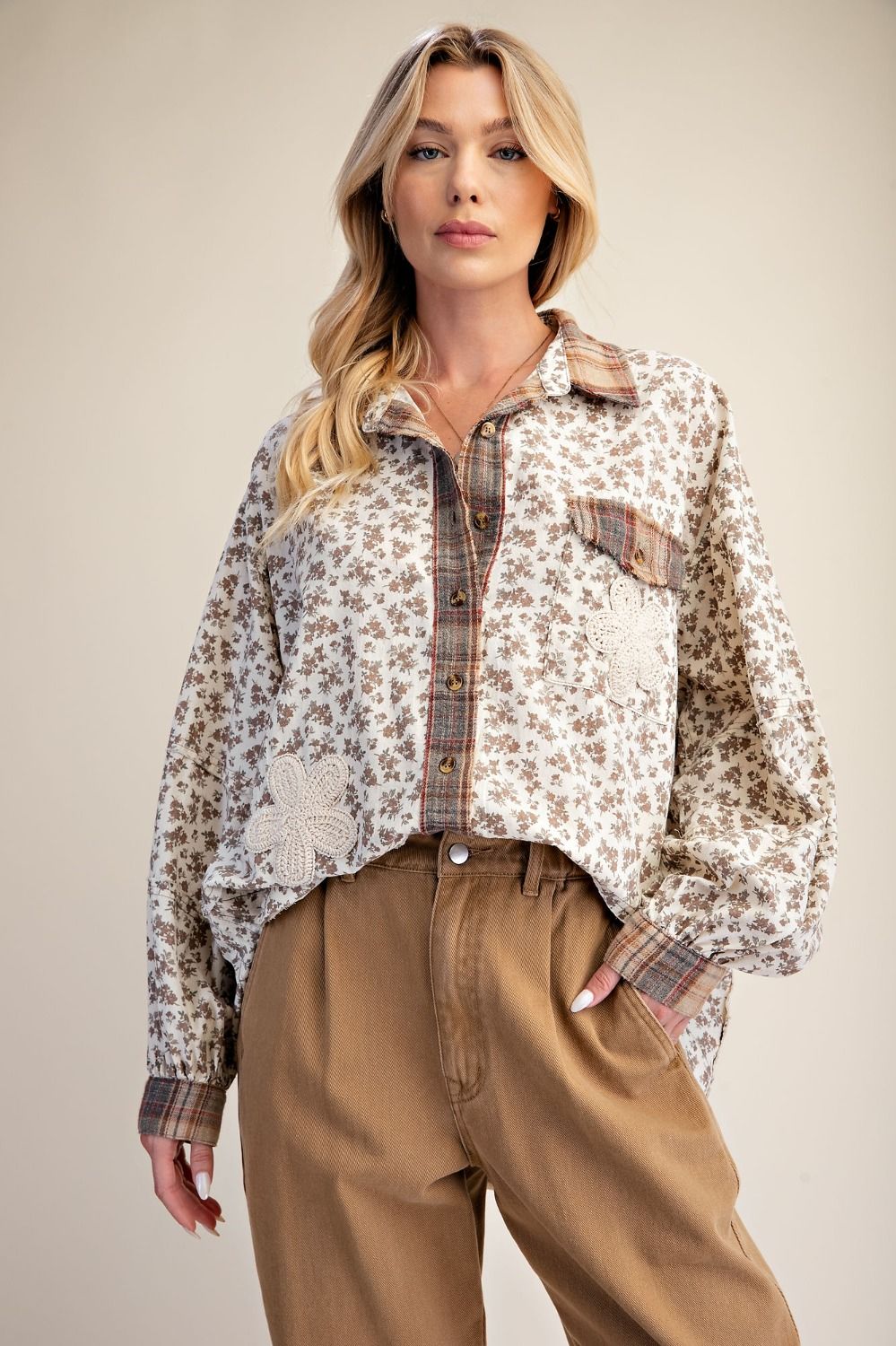 Khaki floral button up