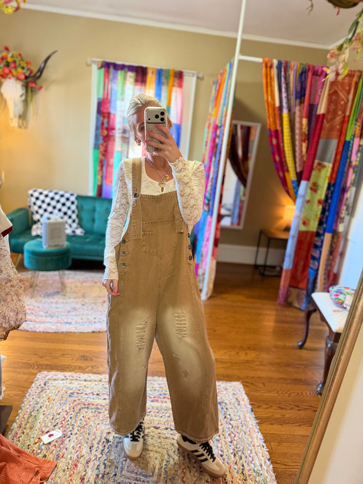 Washed denim loose fit overalls ￼