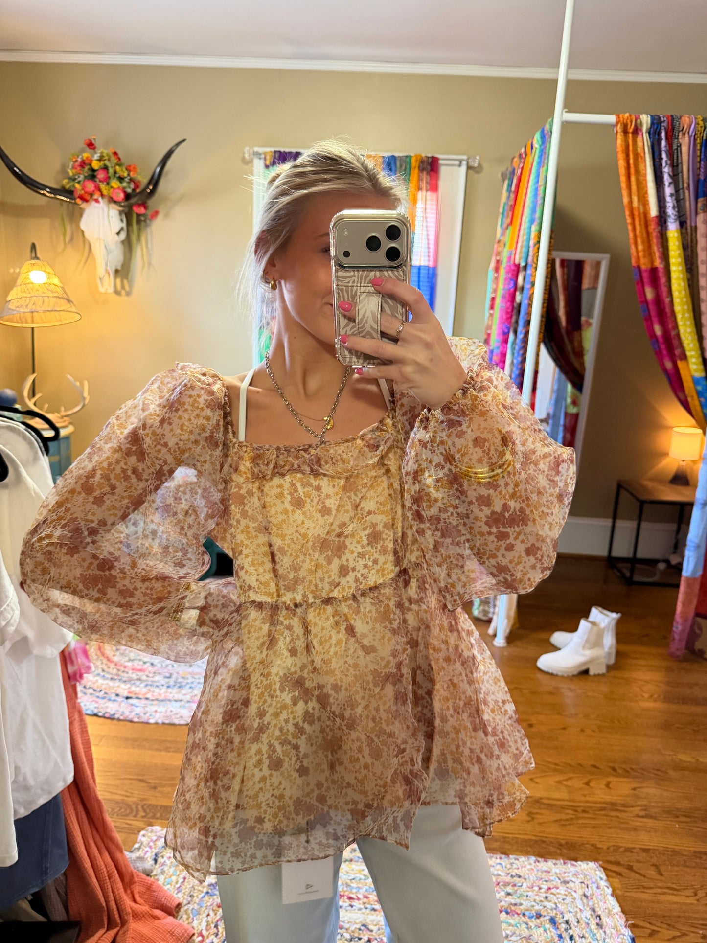 Flower print ruffle detail babydoll blouse