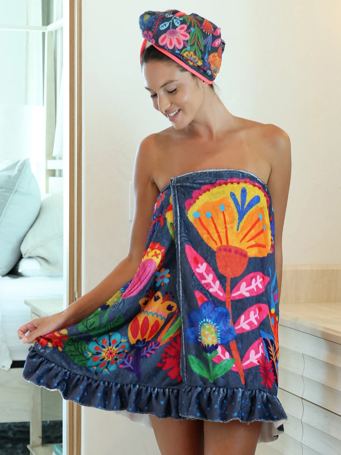 Natural life towel wrap navy folk flower