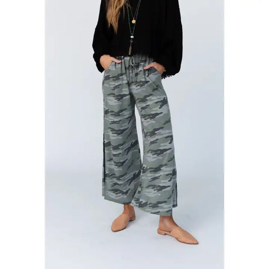 Three bird nest causal wanderer wide leg slit pants - charcoal camo pants