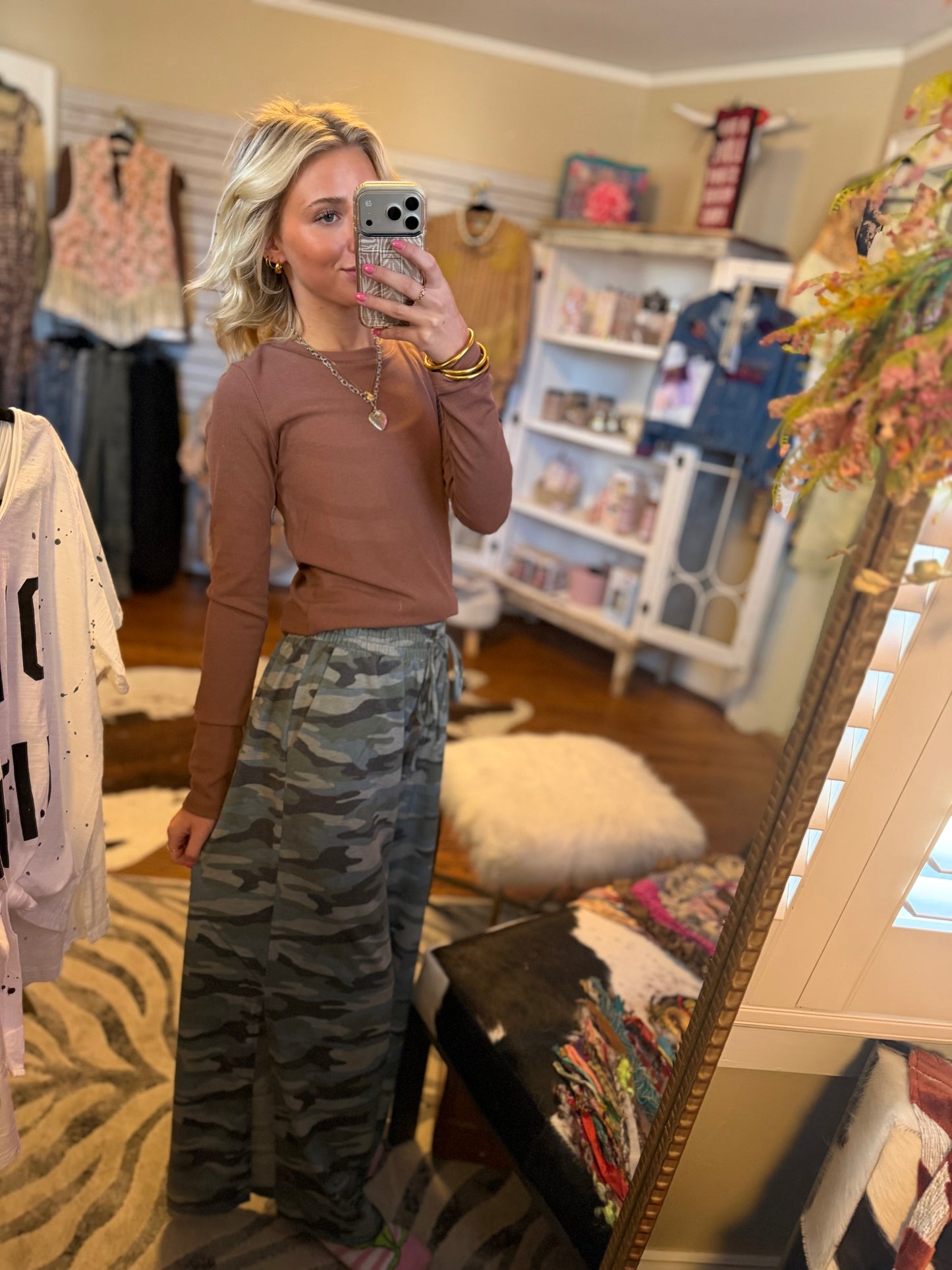 Three bird nest causal wanderer wide leg slit pants - charcoal camo pants