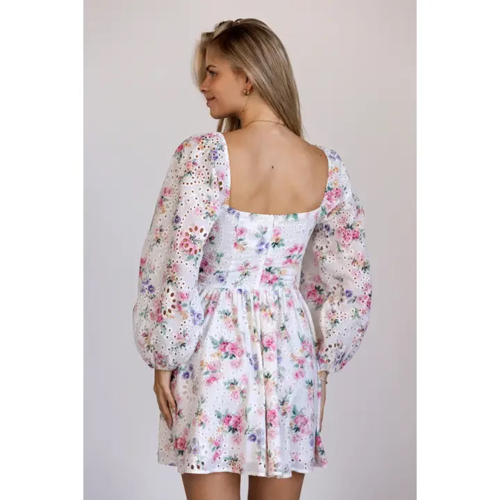 Floral eyelet puff sleeve mini dress