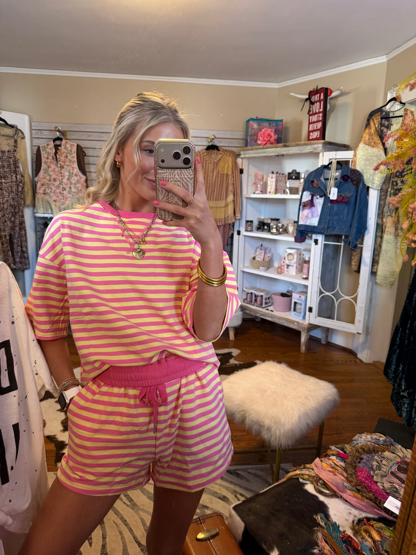 Little Daisy closet striped short sleeve pocket short - yellow & pink strips