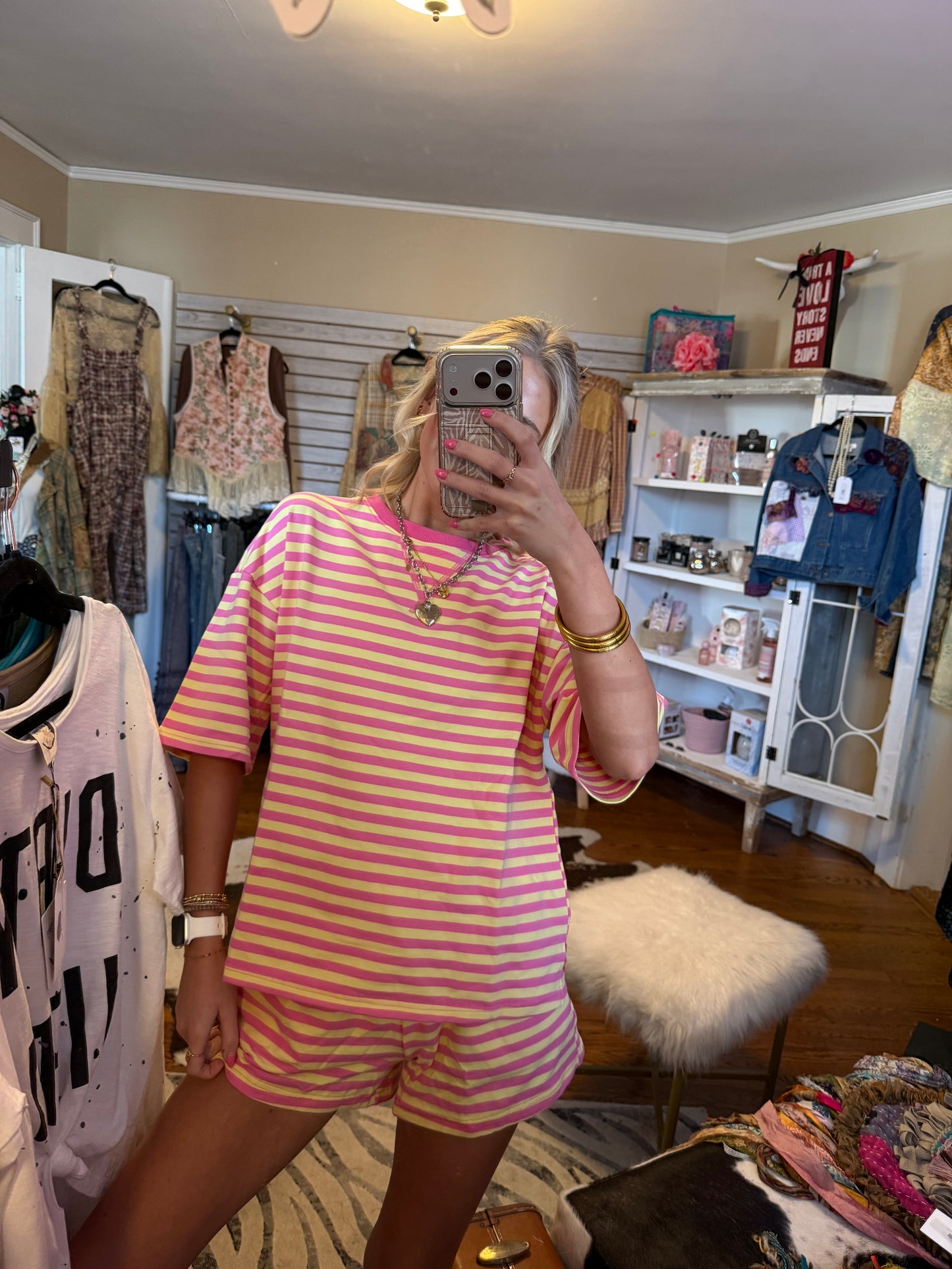 Little Daisy closet striped short sleeve pocket short - yellow & pink strips