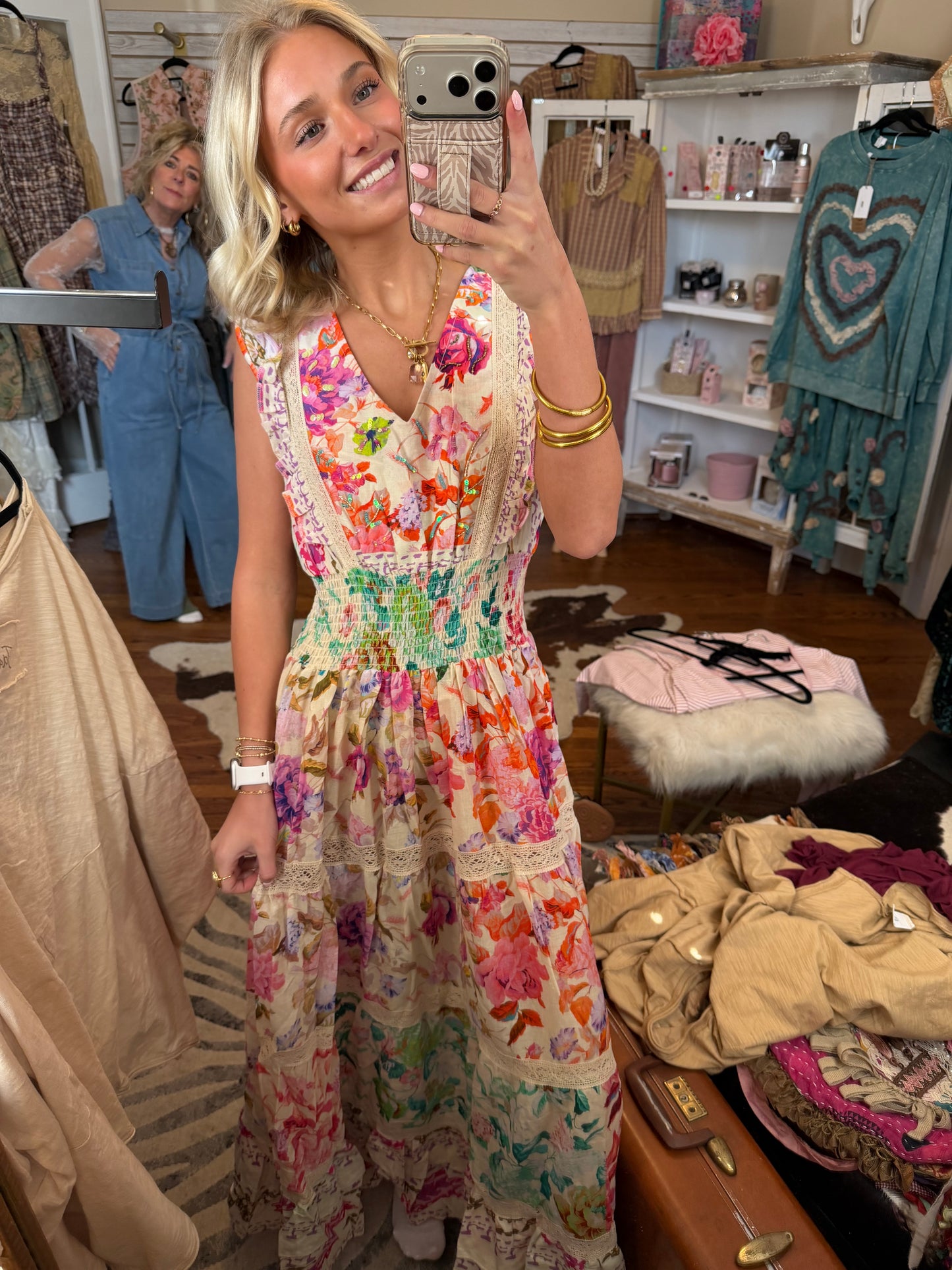 V-neck smocked waist ruffle floral maxi dress
