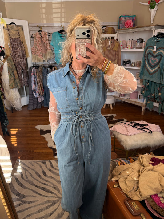 Cotton denim button-up jumpsuit