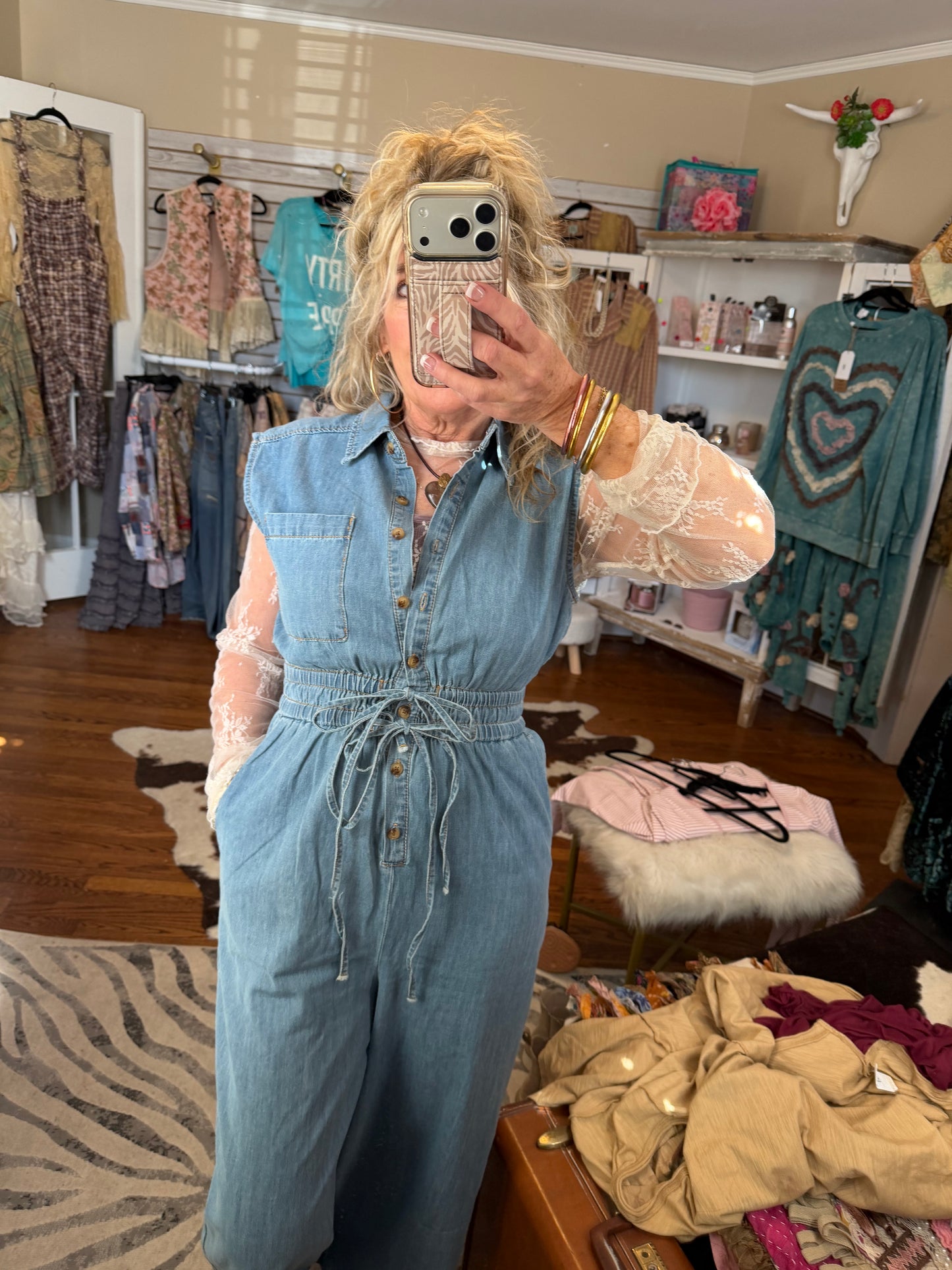 Cotton denim button-up jumpsuit