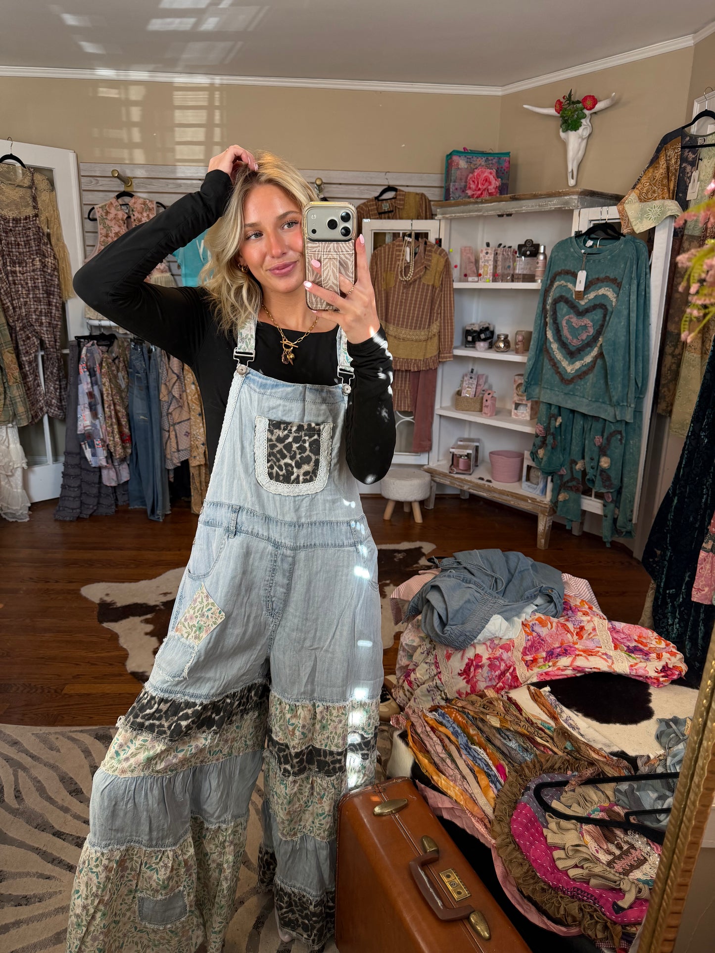 Mixed printed fabric ruffle wide leg overalls