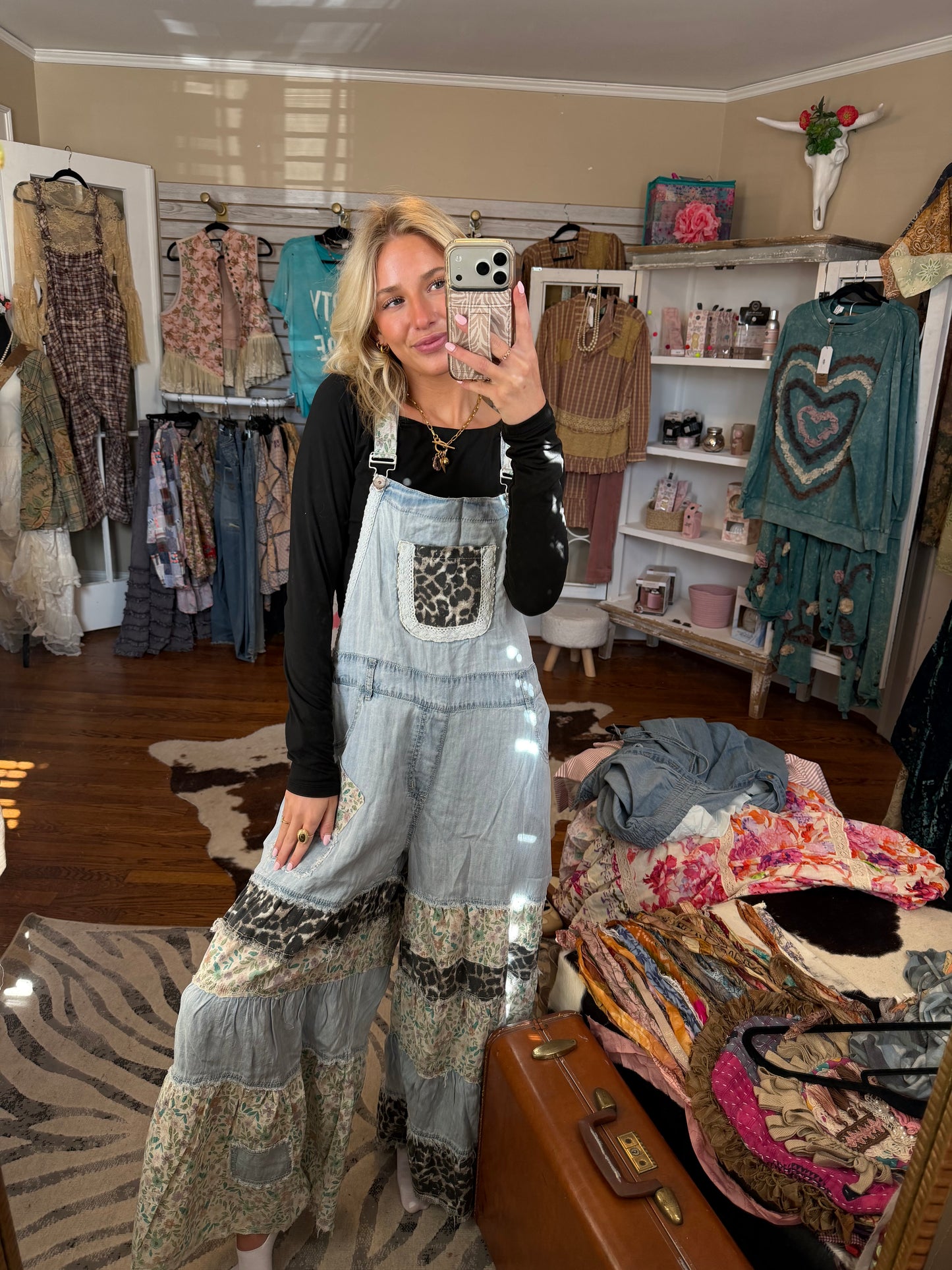 Mixed printed fabric ruffle wide leg overalls