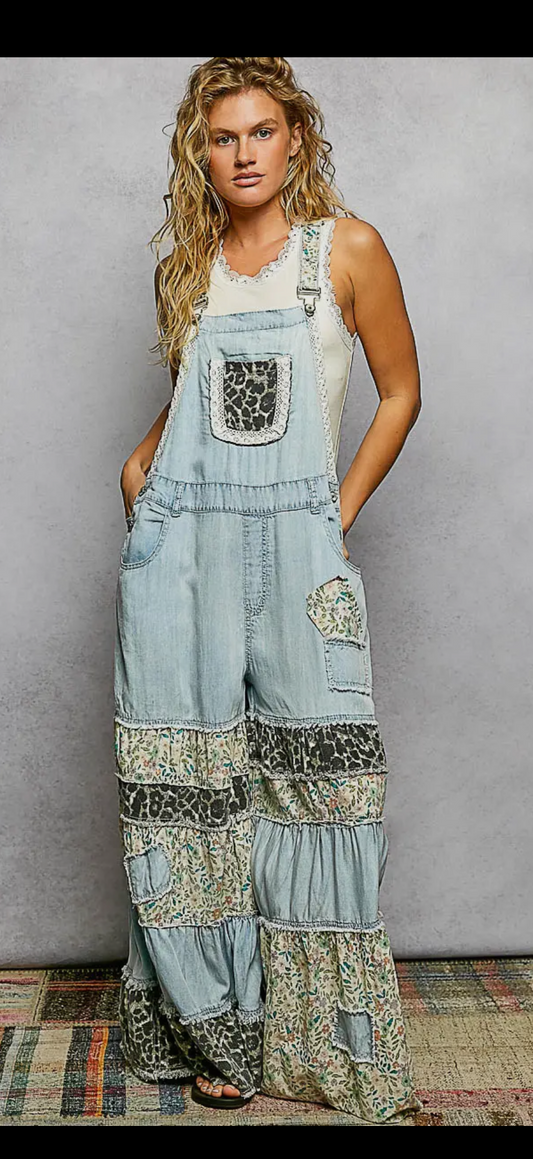 Mixed printed fabric ruffle wide leg overalls