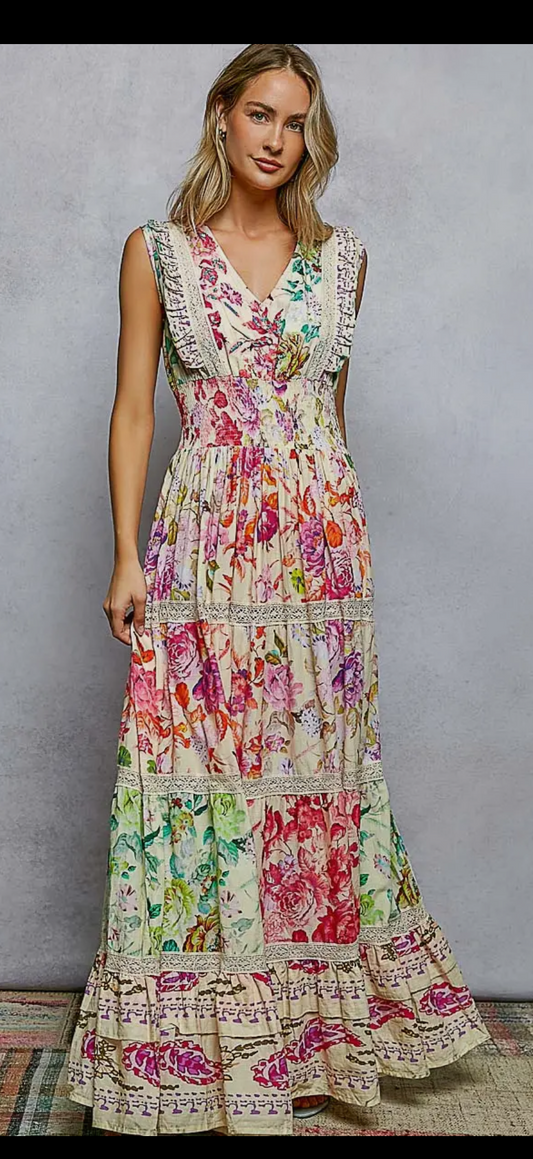 V-neck smocked waist ruffle floral maxi dress