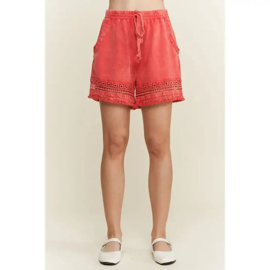 Mineral washed hollow out fringe tassels shorts