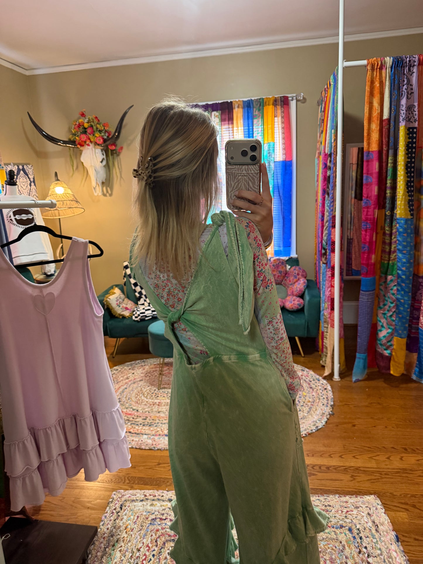 Mineral wash jumpsuit with eyelet pockets and ruffles