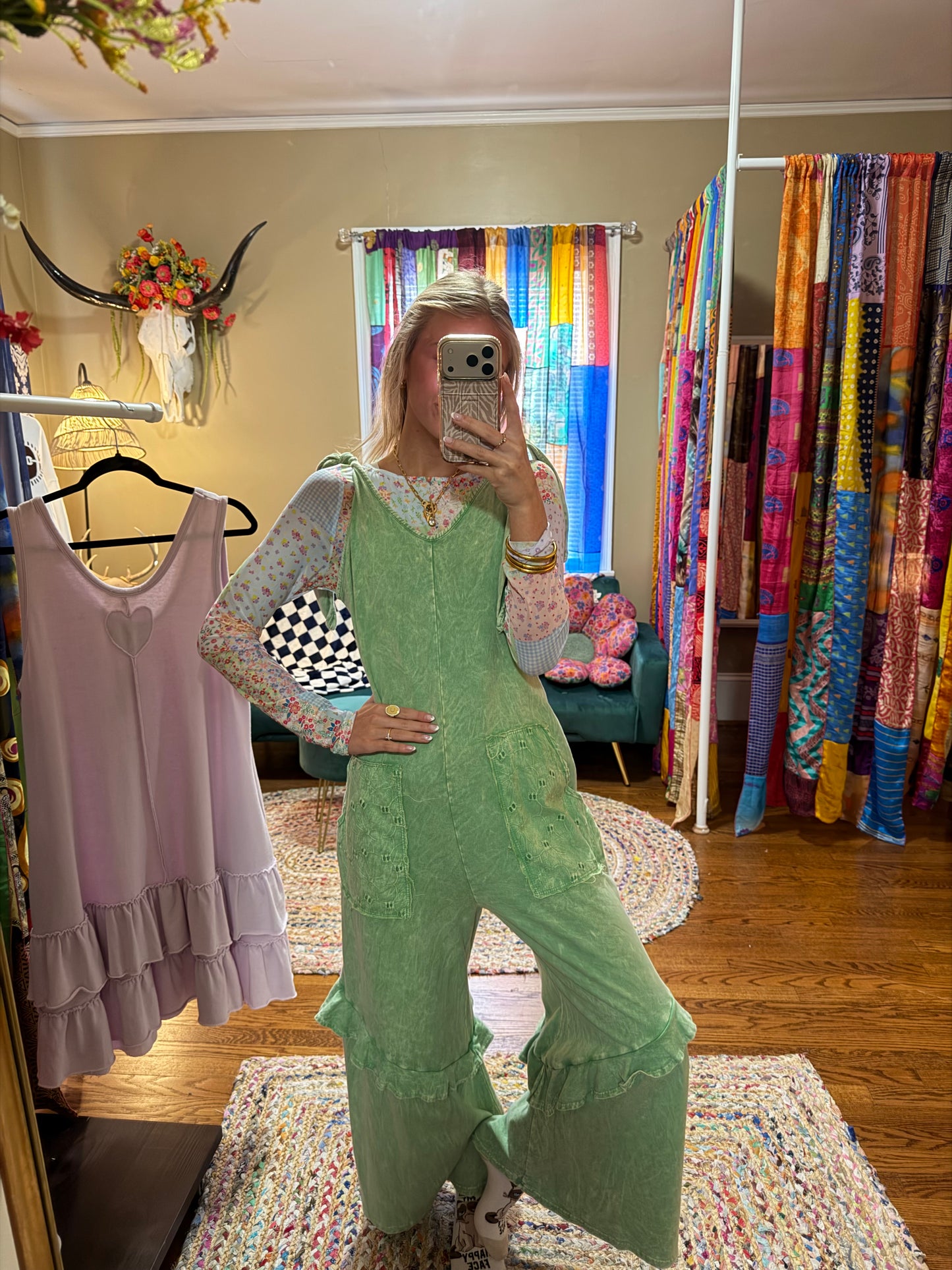 Mineral wash jumpsuit with eyelet pockets and ruffles