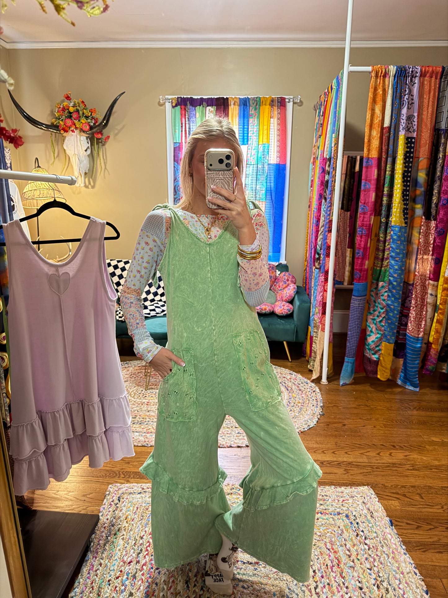 Mineral wash jumpsuit with eyelet pockets and ruffles