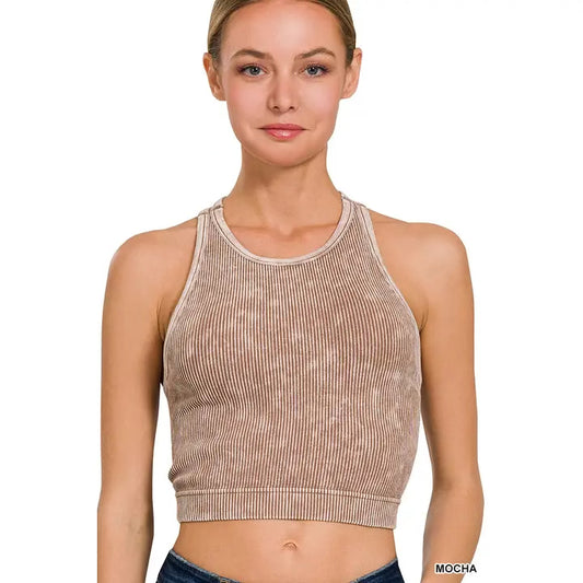 Washed rib seamless halter neck tank - mocha