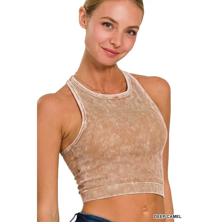High neck washed seamless crop tank - deep Carmel