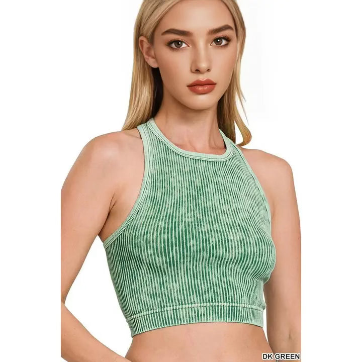 Washed rib seamless halter neck tank- dark green