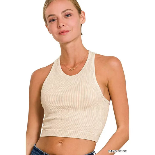 High neck washed seamless crop tank- sand beige