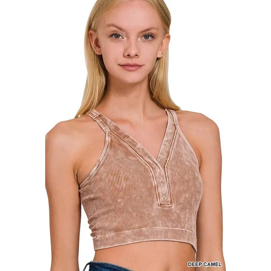 Washed seamless rib snap button crop tank - deep camel