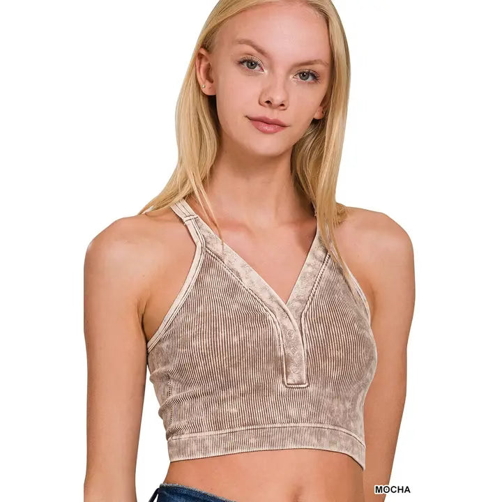Washed seamless rib snap button crop tank - mocha